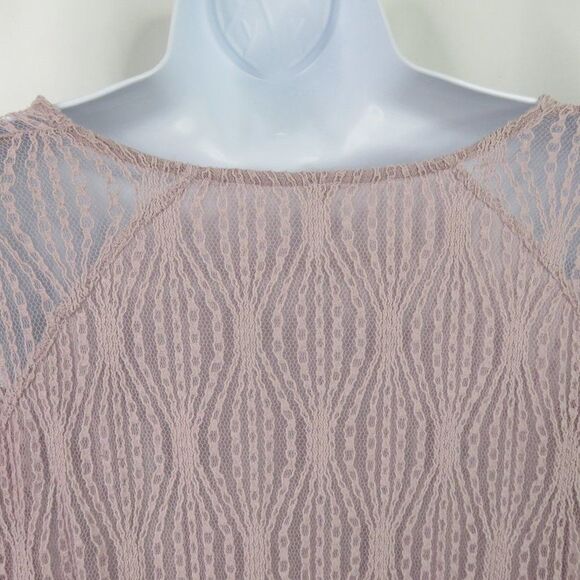 Free People Pink Lace Top Size Medium Peasant Crop Ribbon Tie Sheer Empire LS - Picture 10 of 13